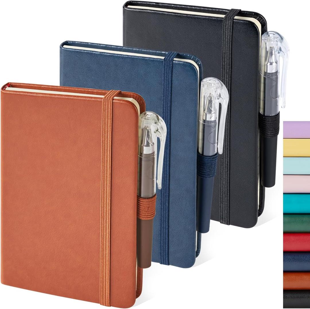 3 Pack Pocket Notebook Journals, Small Notepad Notebooks for Note Taking, A6 Mini Note pads with Pen Holder, 408 Lined Pages, 3.7" x 5.7", Black, Brown, Blue
