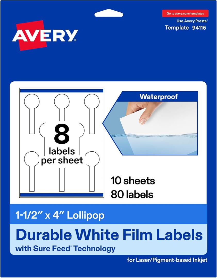 Avery Printable Durable White Lollipop Labels, Sure Feed Technology, 1.5" x 4", Print-to-the-Edge, Waterproof Labels, Laser & Pigment-Based Inkjet Compatible, 80 Total