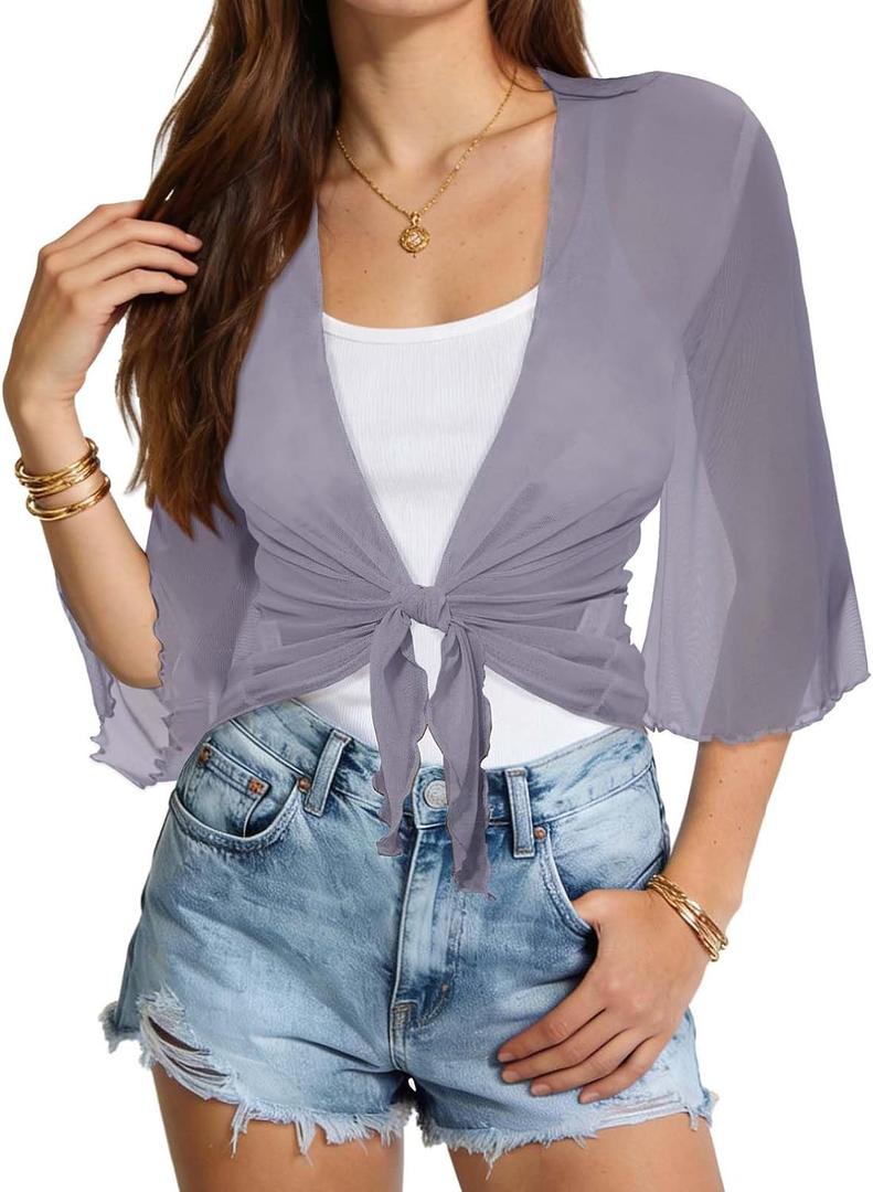 Women's Short Cardigan Bolero Shrug Sheer Tie Front Top 3/4 Sleeve Jacket for Dress S