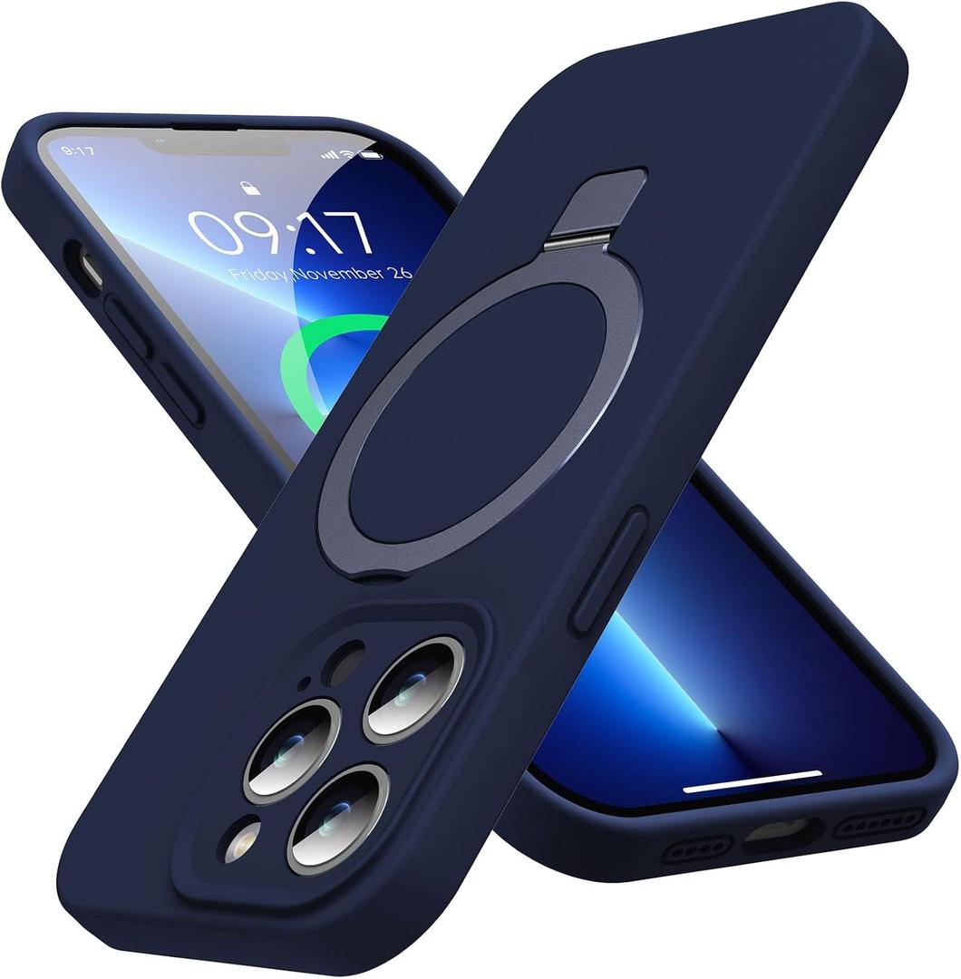 MagRing Designed for iPhone 13 Pro Max Case, Liquid Silicone [Moisturizing Factor] Extreme Soft Slim Phone Case with Stand [Compatible with MagSafe] for 13 Promax 6.7 inch Men Women, Midnight Blue