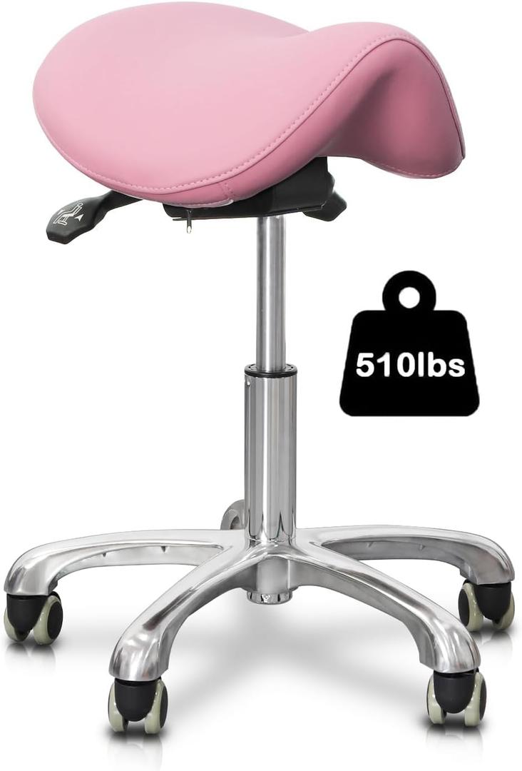Saddle Stool with Wheels,Rolling Stool,Rolling Chair Ergonomic Swivel Rolling Chair with Hydraulic Lifting Height Adjustable Rolling for Office Medical Massage Salon Drafting(Pink)