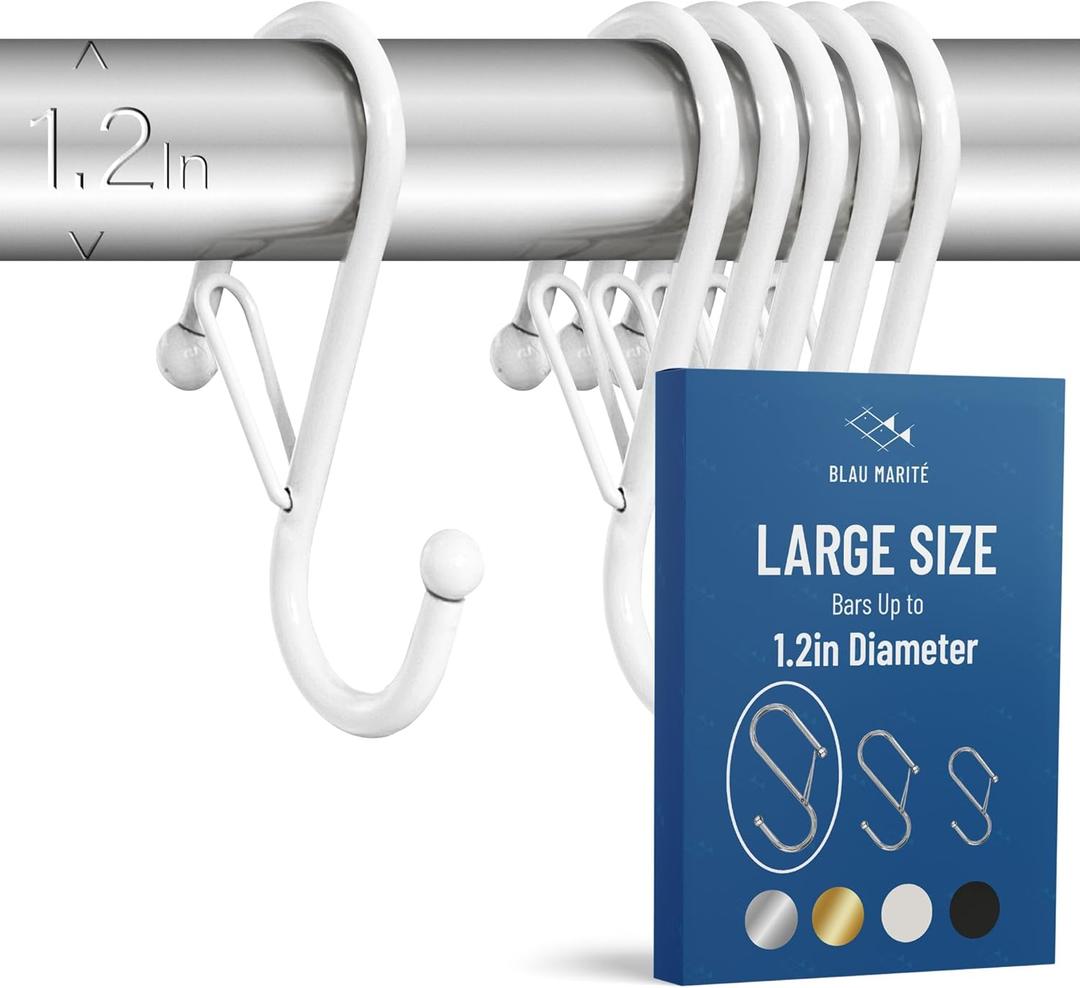 6-Pack Metal S Hooks for Hanging  Heavy-Duty S-Shaped Hooks with Safety Buckle  Fits Bars up to 1.2 in  Anti-Drop S-Hooks for Closet, Wardrobes & Storage  White (Large) (Large - 1.2In Diameter, White)