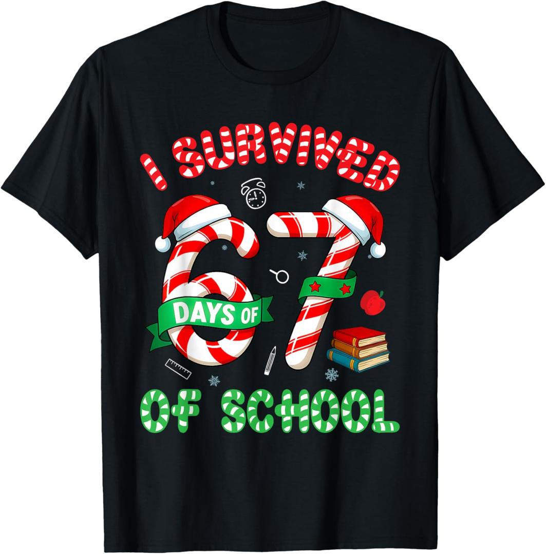 I Survived 67 Days of School Candy Cane Christmas Meme T-Shirt, 4T