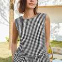 BLENCOT Women Gingham Sleeveless Shirts Ruffle Round Neck Peplum Tank Tops Business Casual Dressy Blouses (Black, S)