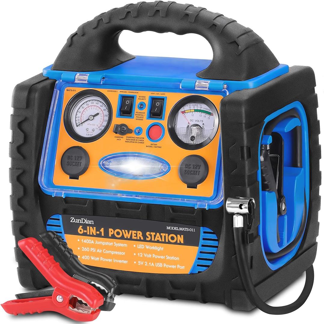 6-in-1 1800 Amp Jump Starter with Air Compressor 260PSI Tire Inflator, 12V Car Battery Jumper Starter Booster Pack for Truck Automotive Battery, Portable Power Station 400W AC Power Inverter