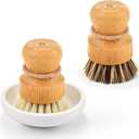 SUBEKYU Bamboo Dish Scrub Brushes, Kitchen Wooden Cleaning Scrubbers Set for Washing Cast Iron Pans/Pots, Set of 2 (Regular size, Ceramics Base+1p Sisal+1p Palm)