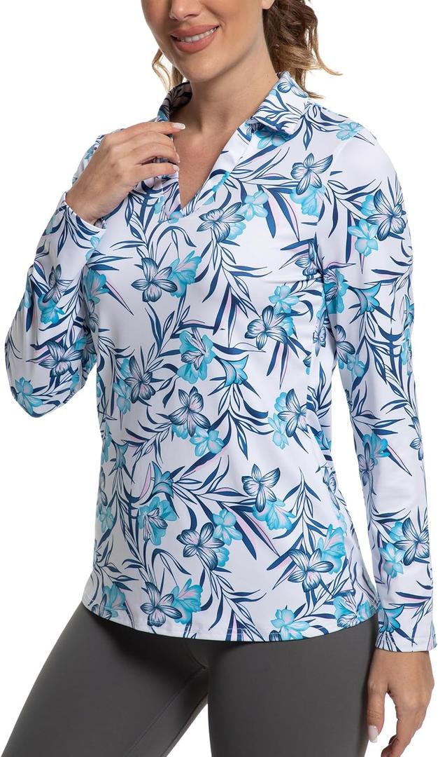 Women's Golf Polo Shirts Long Sleeve Workout Tops V Neck UPF 50+ Sun Protection Quick Dry Lightweight Active Shirts (Large)