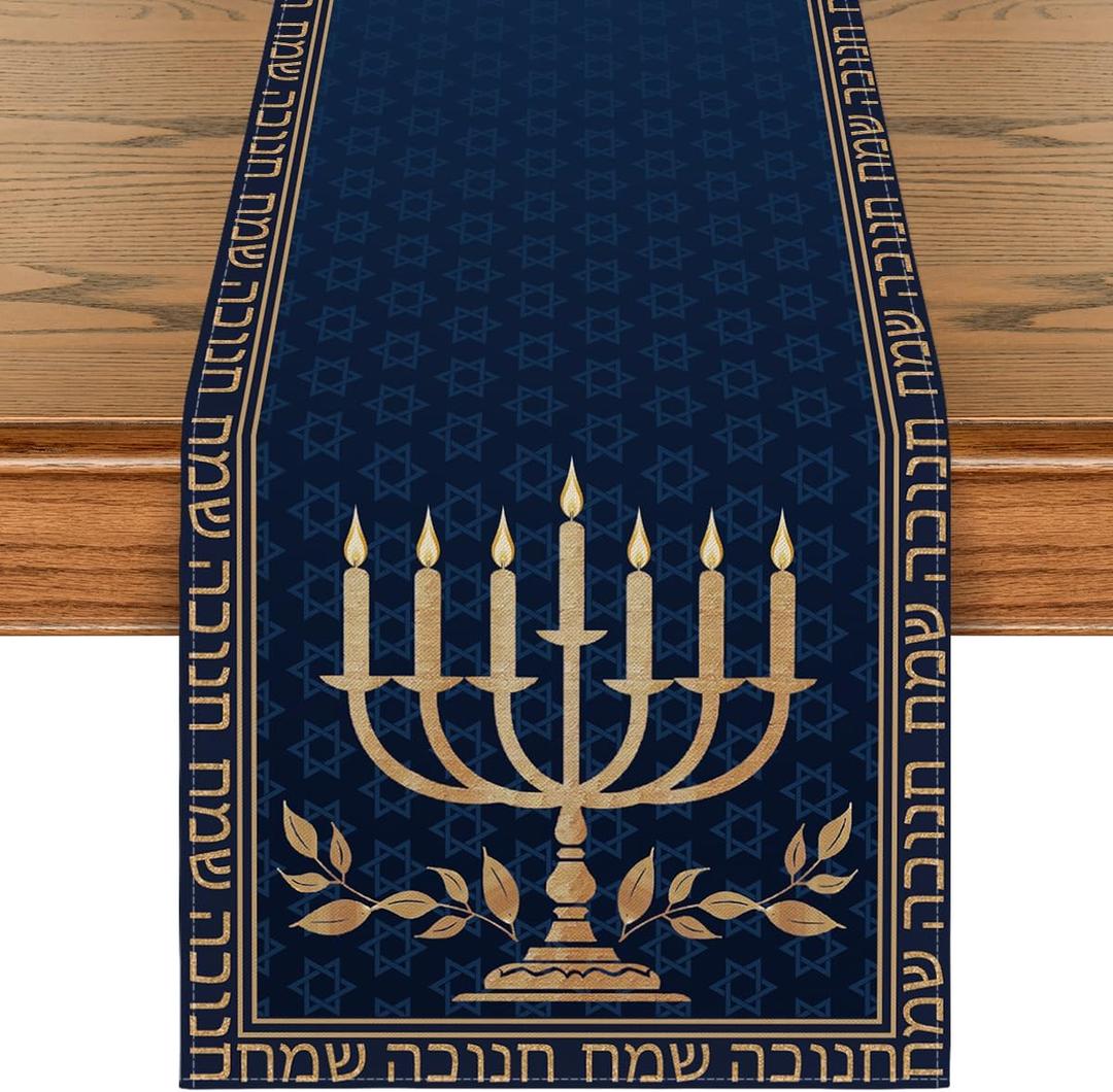 Artoid Mode Candle Menorah Hanukkah Table Runner, Hexagram Chanukah Holiday Kitchen Dining Table Decoration for Home Party Decor 13x72 Inch (Blue)