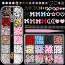 2 Boxes Pink White Acrylic Nail Charms and Gems, Bow Moon Flower Nail Art Charms, 3D Nail Charms with Rhinestones Nail Art Pearls, Silver Gold Nail Gems Charms for Nail Art Decor