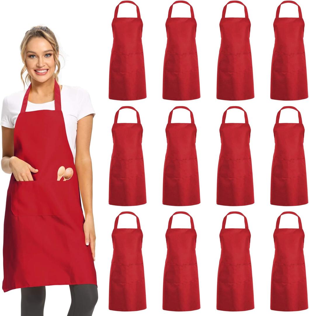 DUSKCOVE 12 Pack Plain Bib Aprons with 2 Pockets - Red Unisex Commercial Apron Bulk for Kitchen Cooking Restaurant BBQ Painting Crafting