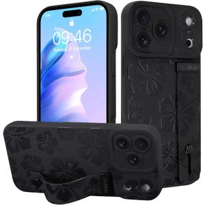 Fiyart Designed for iPhone 17 Pro Case Cute Flowers with Strap Soft TPU Phone Cover Protective Camera Lens Protection for Women Men Floral Bumper with Stand 6.3"-Black