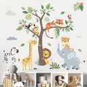 Decalmile Jungle Animals Tree Wall Decals Elephant Giraffe Lion Safari Wall Stickers Baby Nursery Kids Bedroom Living Room Wall Decor, 30cm × 90cm 