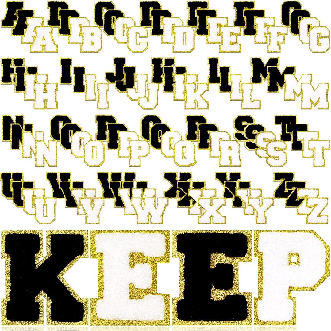 Jutom 104 Pcs Self Adhesive Chenille Letter Patches Letter Patches Chenille Stick on Embroidered Patch for Clothing Jackets Backpacks Hats(Classic,White, Black)