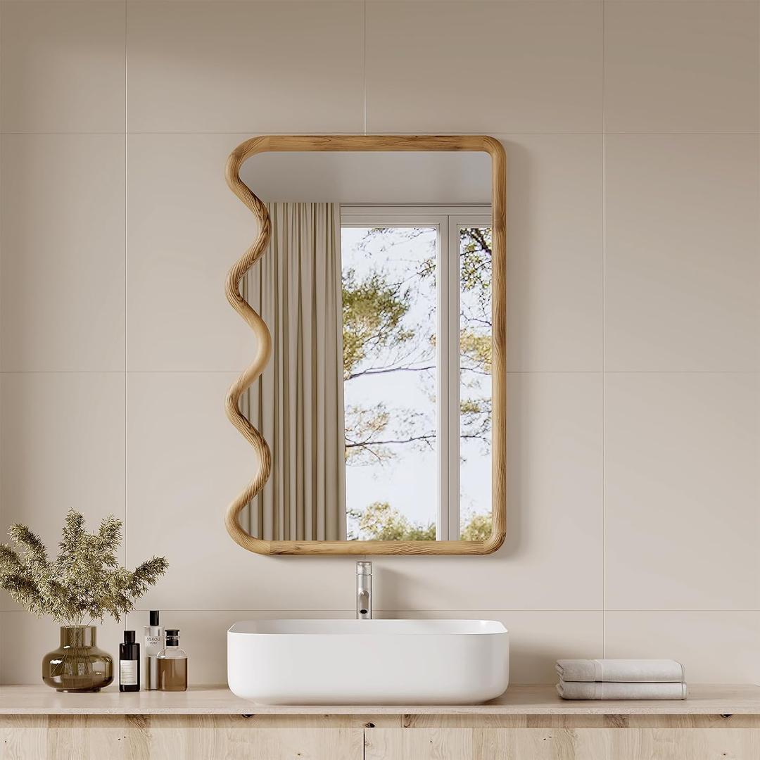 ULIKE Wavy Mirror for Wall, Rustic Wood Mirror for Bathroom Vanity, 24x36 Wooden Wall Mirrors Decorative for Bedroom, Living Room, Entryway, Brown