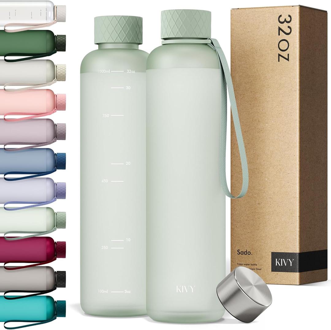 KIVY Slim Water Bottle 32oz [Lightweight & Shatterproof] Fits Backpack & Cupholder for Travel, Sports, School, Gym - Sage green water bottle no straw - Gym water bottle screw top - Dishwasher Safe