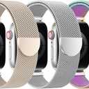 BELONGME 3 Pack Mesh Loop Compatible with Apple Watch Bands for Women Men 40mm 41mm 38mm 42mm 44mm 45mm 49mm 46mm Series 11 10 9 8 7 6 5 4 Ultra3 SE3 2, Stainless Steel Metal Magnetic Strap for iWatch (Starlight+Silver+Rainbow)