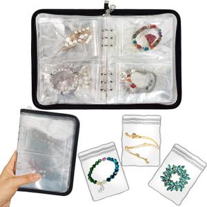 Bracelet Holder Travel Jewelry Organizer Case Transparent Jewelry Storage Book for Earring Necklace Ring with Small Clear Zippered Pouch (Black,48 PCS Large Bags)