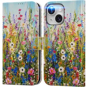 DEENAKIN for iPhone 16 Wallet Case with Card Holder + Cash Clip, RFID-Blocking, Military-Grade Drop Protection & UV-Printed Artwork, Magnetic Closure with Leather Kickstand - Wildflowers Painting