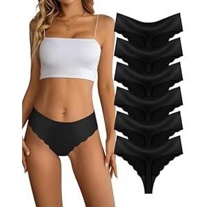 Dawnrole Seamless Thongs for Women Mid Waist Thong No Show Underwear Breathable Stretch Wave Edge Panties 6 Pack Black, Medium 