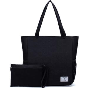 ETidy Large Capacity Foldable Tote Bag With Zipper Water-resistant SandproofWomen Beach Bag Handbag GymBag Travel ShoppingBag (Black)