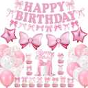 44 Pcs Pink Bow Birthday Decorations Include Pink Bow Balloons Star Balloons Cake Topper Bow Happy Birthday Banner for Party