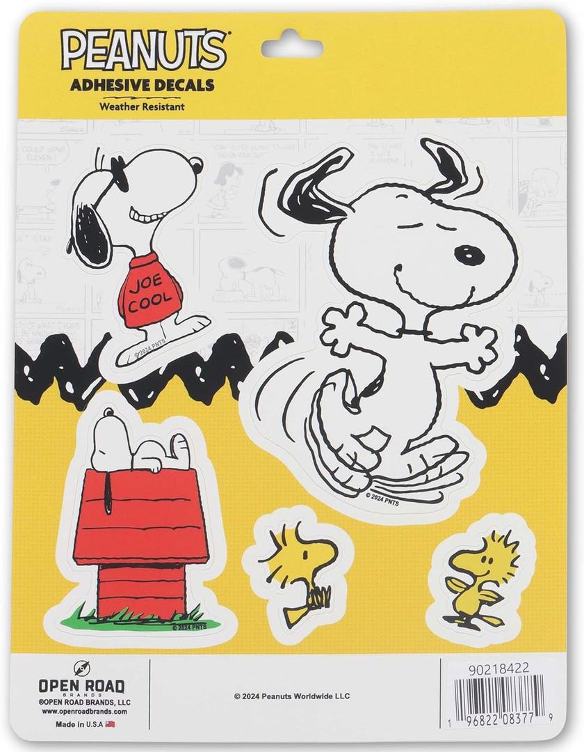 Peanuts Snoopy Adhesive Vinyl Decals - Fun Set of Snoopy Stickers for Car, Window, Water Bottle or Laptop, 1 Pack (5 Count) (Yellow/Red)