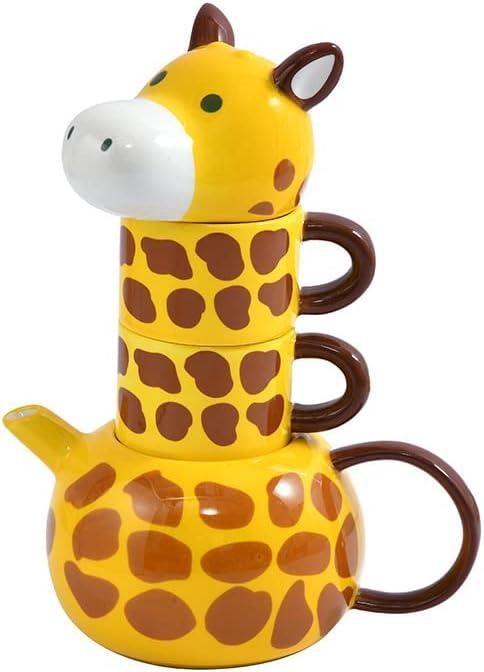 RORA Giraffe Ceramic Tea Pot with 2 Tea Cups Set, Hand-painted Porcelain Teapot Set for Coffee Latte Milk Tea Flower and Fruit Tea 17 oz/500 ml