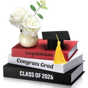 Yookeer 4 Pcs Graduation Table Centerpieces Decorative Book Set with Graduation Cap Stacked Farmhouse Style Books Printed Congratulations Grad Class of 2026" for Shelves Desk Home Decor(Red,Classic)