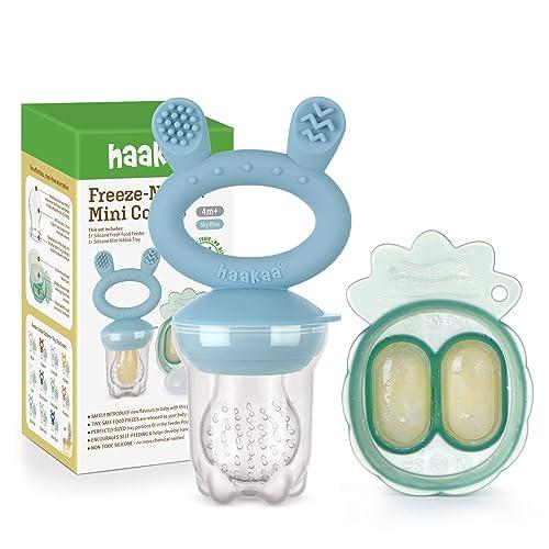 Haakaa Baby Fruit Food Feeder & Mini Freezer Nibble Tray Combo, Breastmilk Popsicle Molds for Baby Cooling Relief, BPA Free Silicone Feeder for Safe Infant Self Feeding, 4 Month+ (Sky Blue) 1 Pack