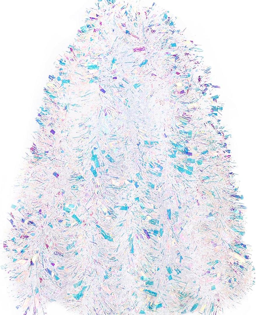 DIYDEC 26.2FT Christmas Tinsel Garland Shiny Iridescent White Garland Christmas Glitter Foil Metallic Twist Hanging Garlands for Xmas Tree Fireplace Home Party Decoration