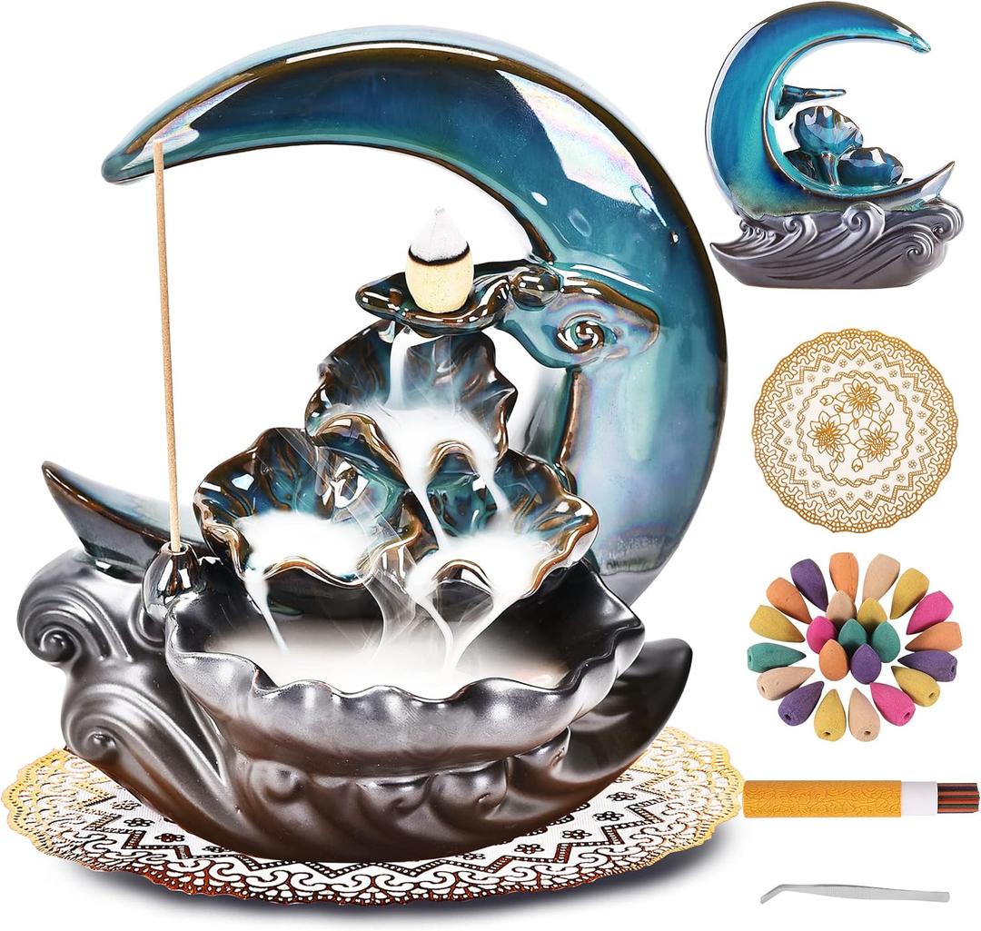 New Moon Backflow Incense Holder, Ceramic Hand-Made Incense Fountain Burner with 100 Backflow Incense ConesFragrance Incense StickMatAromatherapy Home Decoration