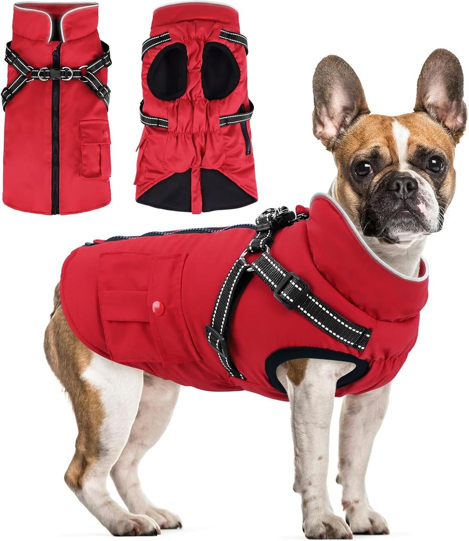 Red Winter Dog Coat with Harness & Jacket - Waterproof Zipper Fleece, Warm Reflective for Small Dogs