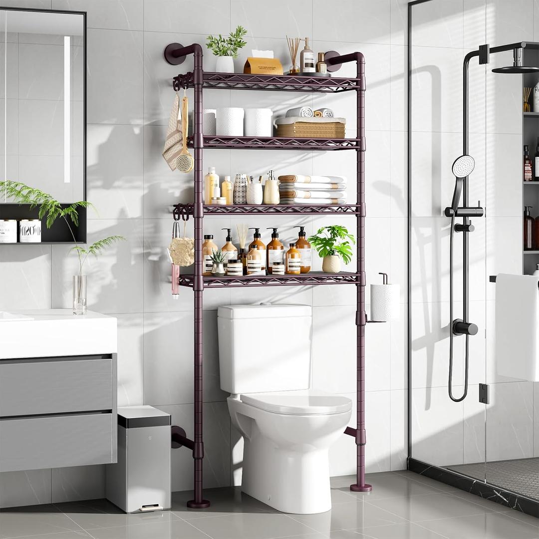 K3 Wall Mounted 4-Tier Over the Toilet StorageMetal Above Toilet Storage with Paper Hook,Over Toilet Bathroom Organizer with Adjustable ShelfAbove Toilet Rack 9.7"Dx 25.6"Wx 74.3"H,Espresso