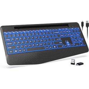 Wireless Keyboard with 7 Colored Backlits, Wrist Rest, Phone Holder, Rechargeable Ergonomic Computer Keyboard with Silent Keys, Full Size Lighted Keyboard for Windows, MacBook, PC, Laptop (Black)