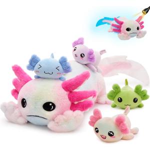 MaoGoLan 5 Pcs Axolotl Plush Stuffed Animal with 4 Babies Inside, 31.5" Glow Mommy Axolotl Plush Pillow for Girls, Soft Long Salamander Plushies for Birthday Gifts, Rainbow Tie-Dye