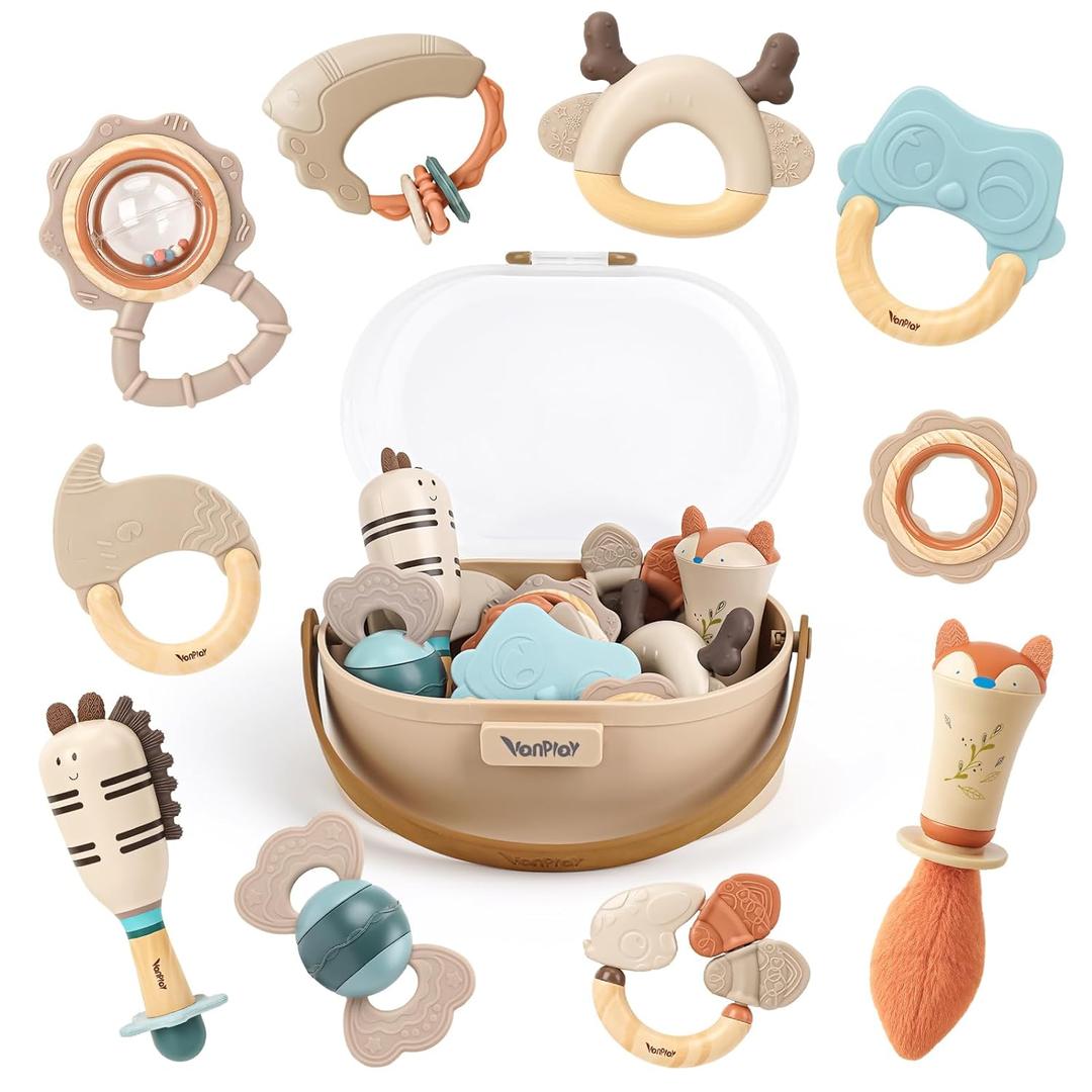 Baby Rattles & Teethers Set Baby Toys 0-6 Months, Teething Toys 3-6 Months, Sensory Toys with Soft Textures, Gentle Sounds & Easy-Grip Shape, Neutral Newborn Gift10-Pack