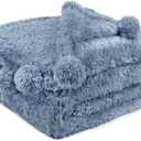 Pavilia Blue Sherpa Throw Blanket for Couch, Warm Plush Fuzzy Blanket Throw with Pom Poms, Dusty Blue, 60x80 (60 x 80 Inches - Twin)