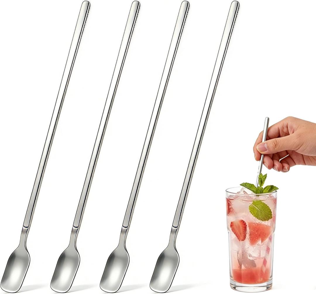 Iced Tea Spoons Long Handle, 11.4-Inch Extra Long Stirring Spoons for Tall Glasses Stainless Steel Long Handle Spoons for Iced Coffee, Milkshake, Sundae, Ice Cream Float & Cocktail, Set of 4
