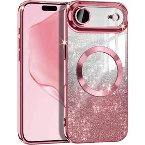 Casetego for iPhone Air Case/iPhone 17 Air Case,Compatible with MagSafe,Clear Magnetic Glitter Sparkle Luxury Plated Soft TPU Bumper Full Camera Lens Protector for Apple iPhone 17 Air,All Rose Gold