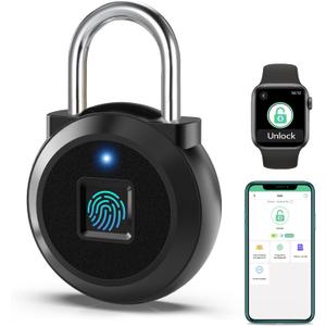 Fingerprint Lock, Dhiedas Gym Locker Lock with Fingerprint Bluetooth APP, Biometric Finger Print Padlock with Keyless, Waterproof Smart Padlock for Locker School Suitcase Cabinet Storage (1'' shackle, Black)