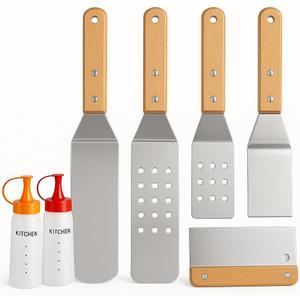 7 Piece Stainless Steel Spatula Set-Burger Flipper-4 Spatulas, Chopper, Scraper, + 2 Bottles-for BBQ Grill Flat Top Blackstone