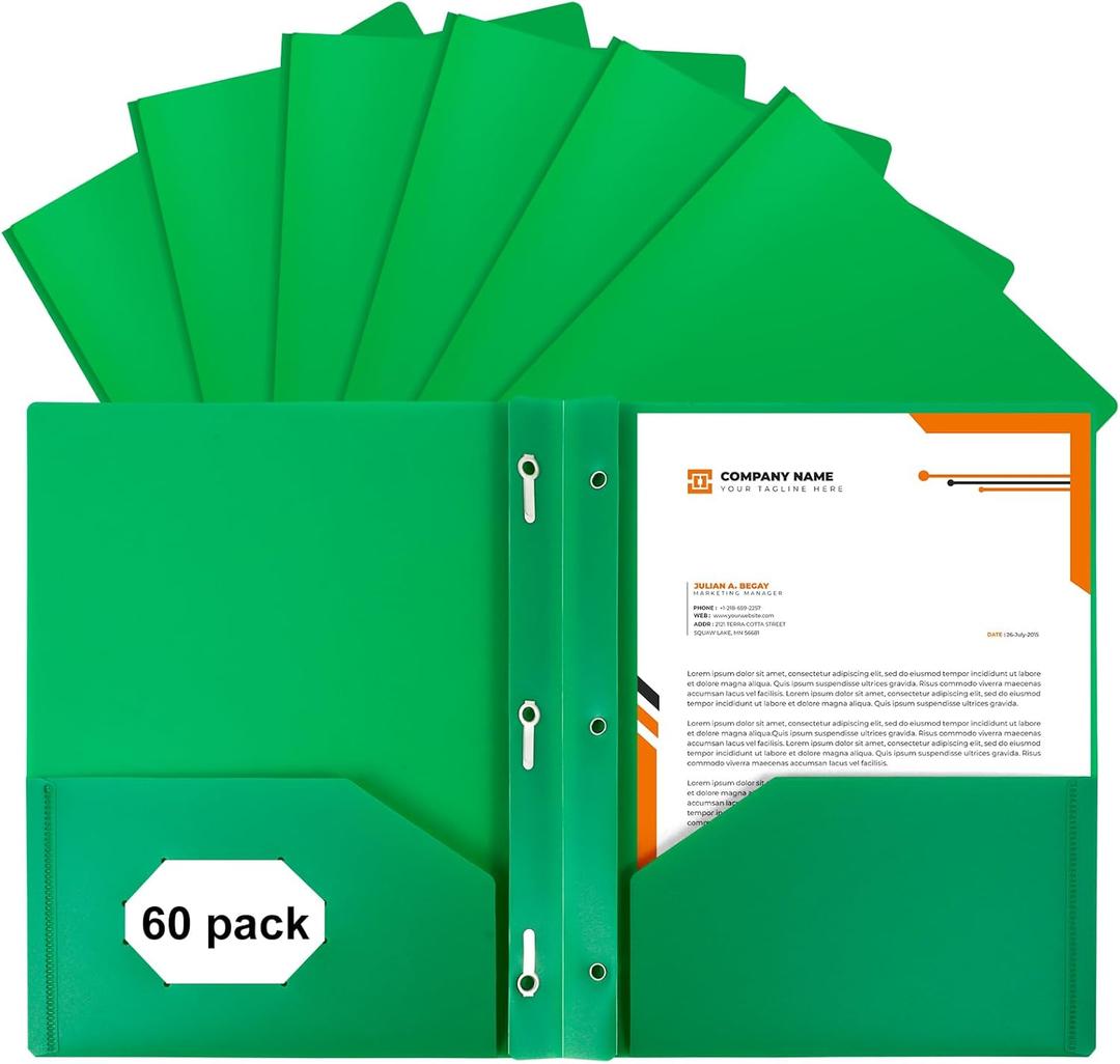 2-Pocket Folders with 3 Prongs,60-Pack Plastic Folders with Pockets and Prong Holds Letter Size Paper, Plastic Pockets Folder for School, Office and Home, Green