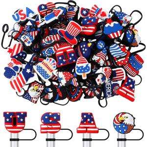50 Pcs 4th of July Patriotic Straw Cover Cap,Independence Day Reusable Straw Toppers,Silicone Straw Toppers for Cup Accessories 30&40 Oz Tumbler 10mm