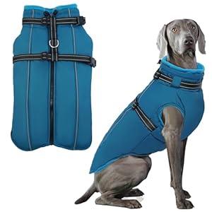 PUMYPOREITY Dog Coats for Large Dogs, Warm Dog Coat with Harness Built in, Reflective Jackets for Dogs, Waterproof Dog Snow Coat, Fleece Lined Winter Dog Jackets for Large Dogs, Labrador, Blue, XL