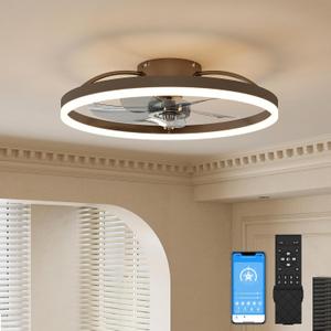 VOLISUN Low Profile Ceiling Fans with Light and Remote,19.7in Modern Bladeless Ceiling Fan with Lights,3000K-6500K Dimmable Flush Mount LED Fan Light,Brown Fandelier Ceiling Fans for Bedroom