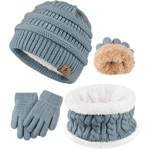Wenouy 3 Pcs Kids Winter Hat Scarf Gloves Set Boys Girls Thick Warm Beanie Hat Knitted Neck Warmer Fleece Lined Gloves (2-6 Years, Light Blue)