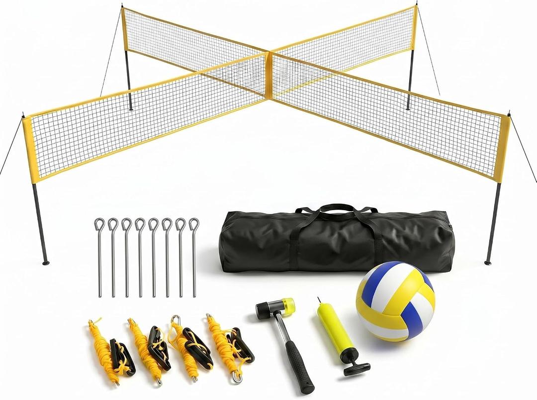4 Square Volleyball Net Set with 3 Adjustable Heights, 14FT Cross PE System, Use in Backyard or Beach, Includes Ball, Pump, Carry Bag, Hammer, Outdoor Team Games, Black/Red