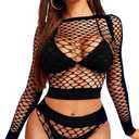 RSLOVE Women Sexy Mesh Lingerie Fishnet Babydoll Free Size Bodysuit See Through Shirts Long Sleeve