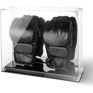 MMA Glove Display Case with Mirror Back, 2 Glove Holder, Acrylic Kickboxing Sparring Glove Half Finger Boxing Glove Display Case with Solid Base Stand, Watch The Video to Assemble