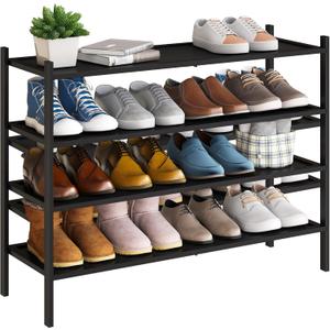 BMOSU 4-Tier Bamboo Extended Shoe Rack Premium Stackable Shoe Shelf Storage Organizer for Hallway Closet Living Room Entryway Organizer(Black) (4-Tier Long33.3*11*25.2inches)